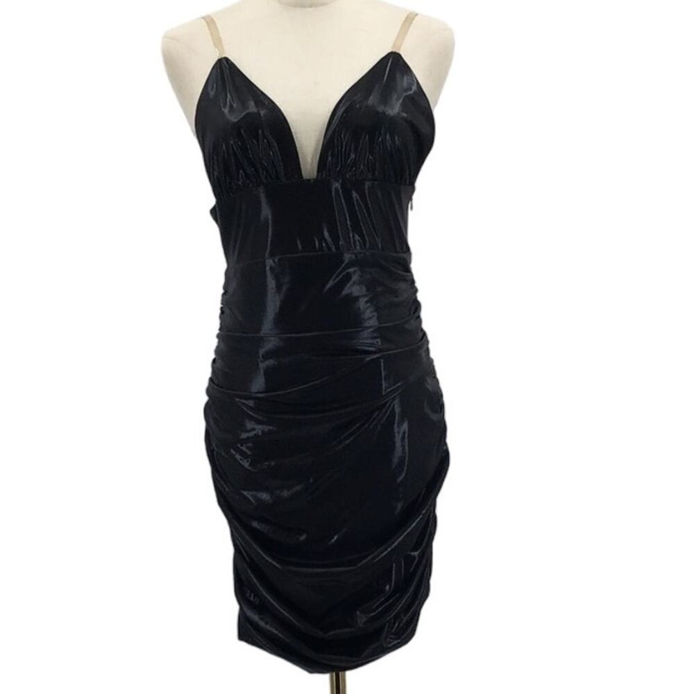 ROSE VELVET SZ M Black Wet look V-Neck Ruched Bodycon Mini Dress NWT B79